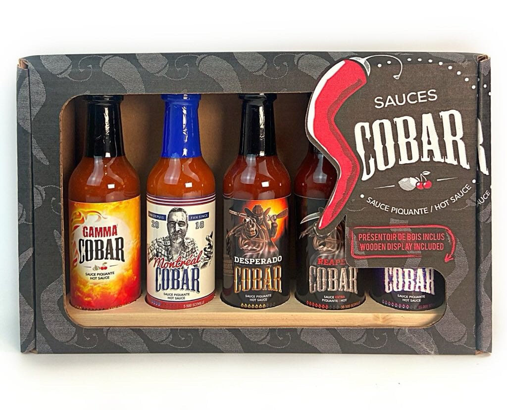 PACKS COBAR | 5 SAUCES PIQUANTES ET PRÉSENTOIRE EN BOIS