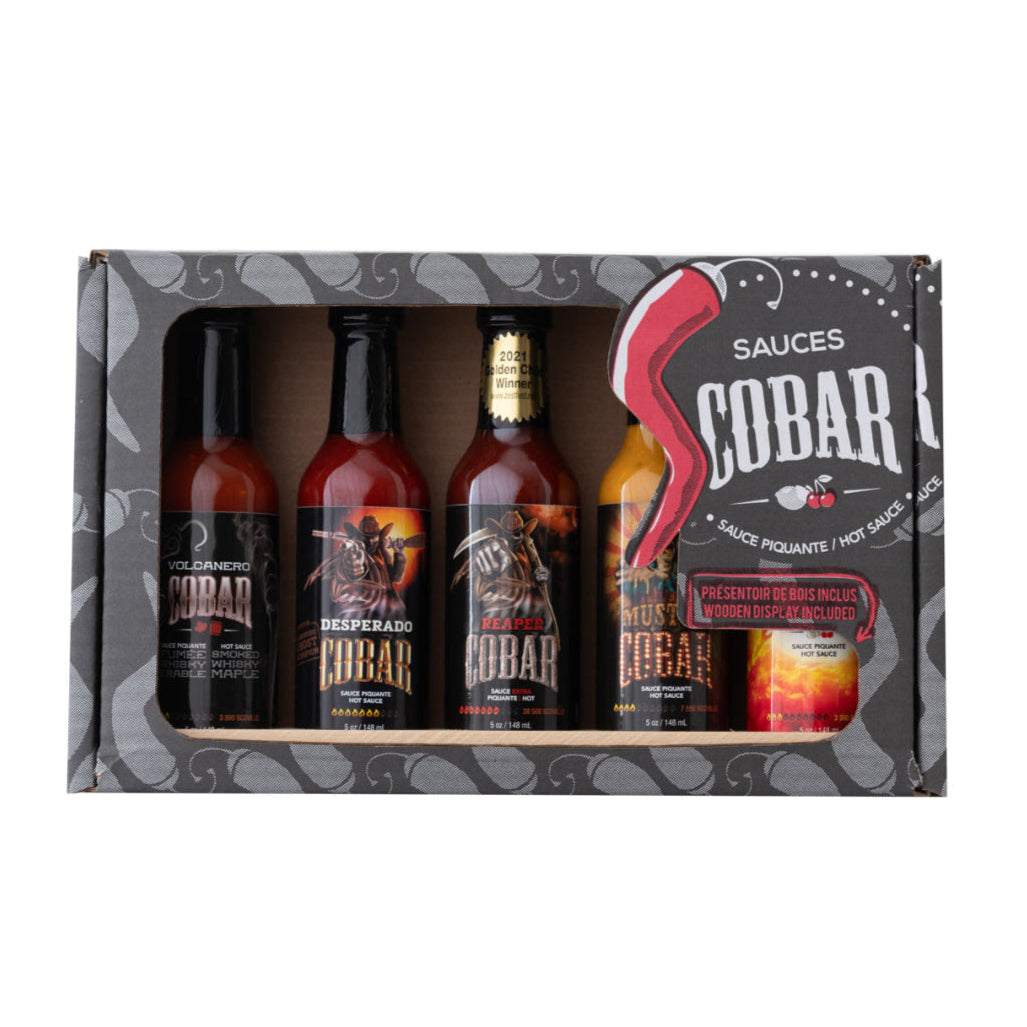 PACKS COBAR | 5 SAUCES PIQUANTES ET PRÉSENTOIRE EN BOIS