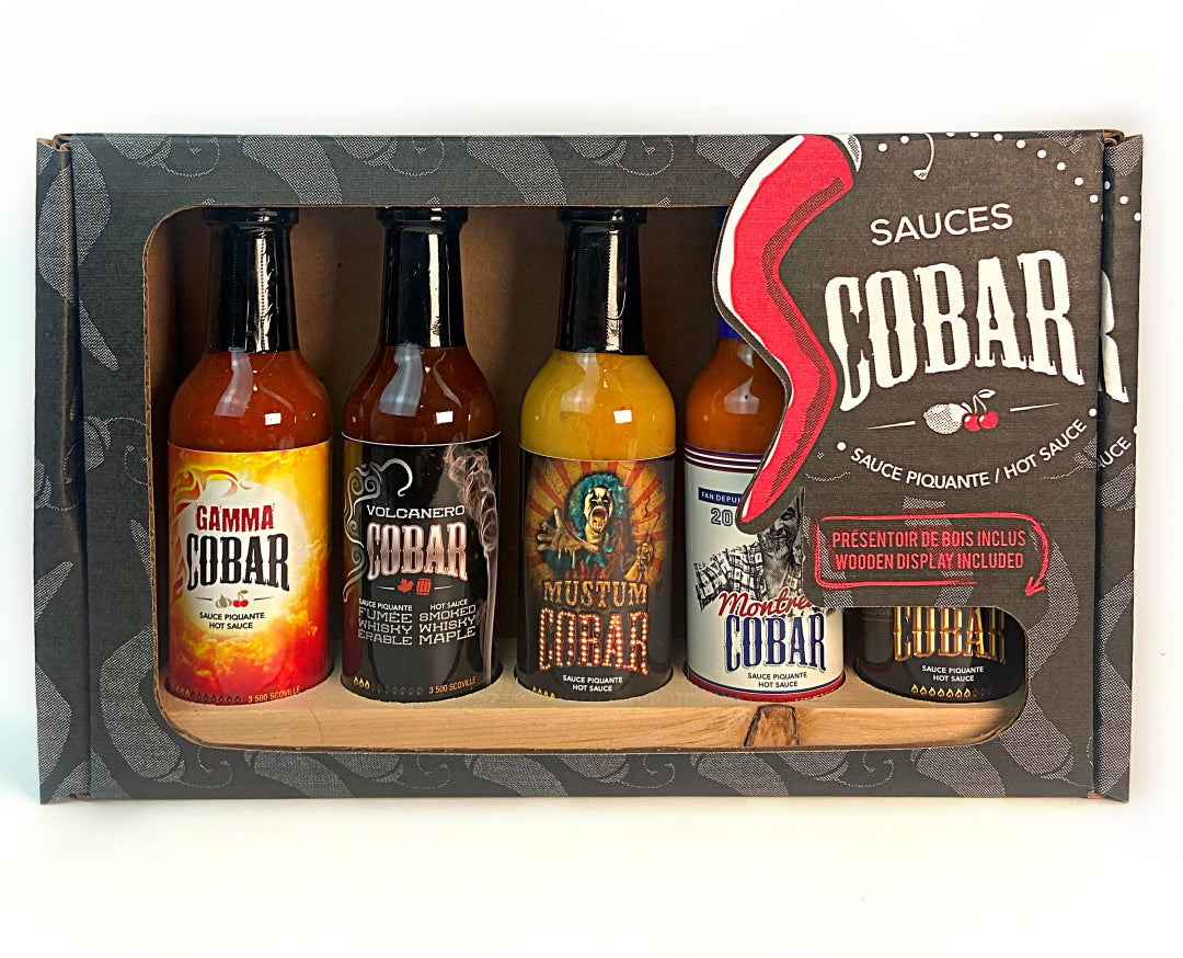 PACKS COBAR | 5 SAUCES PIQUANTES ET PRÉSENTOIRE EN BOIS